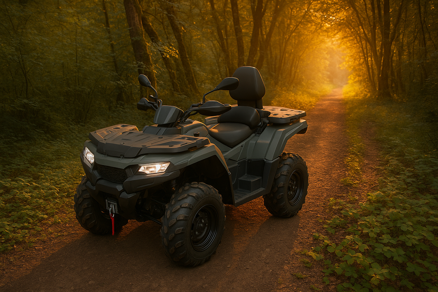 Quad dans la forêt en fin d'après-midi